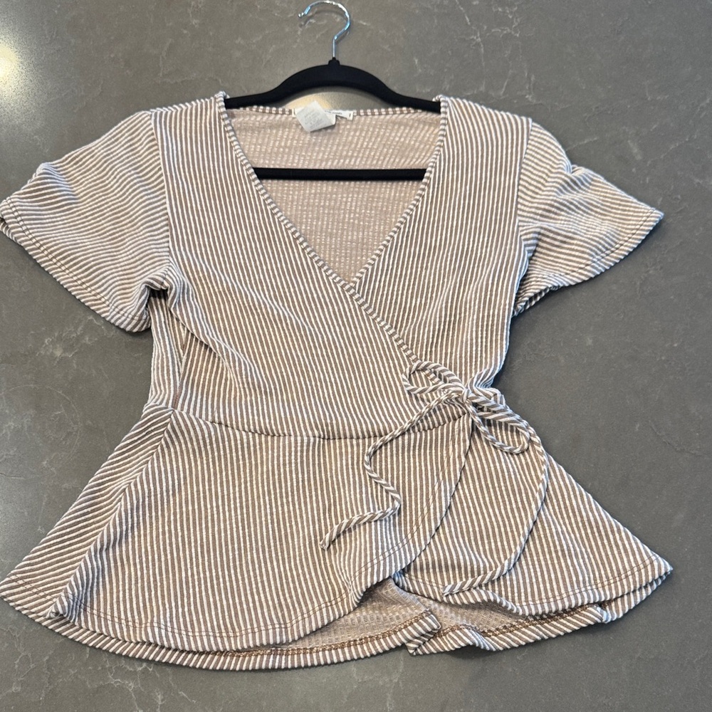 Caution To The Wind Taupe and White Striped Wrap Peplum Top